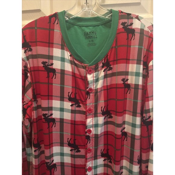 Fammy Jammie Sz L Unisex 1 Pc Holiday Pajamas Red Plaid Moose Christmas Winter - Picture 2 of 5